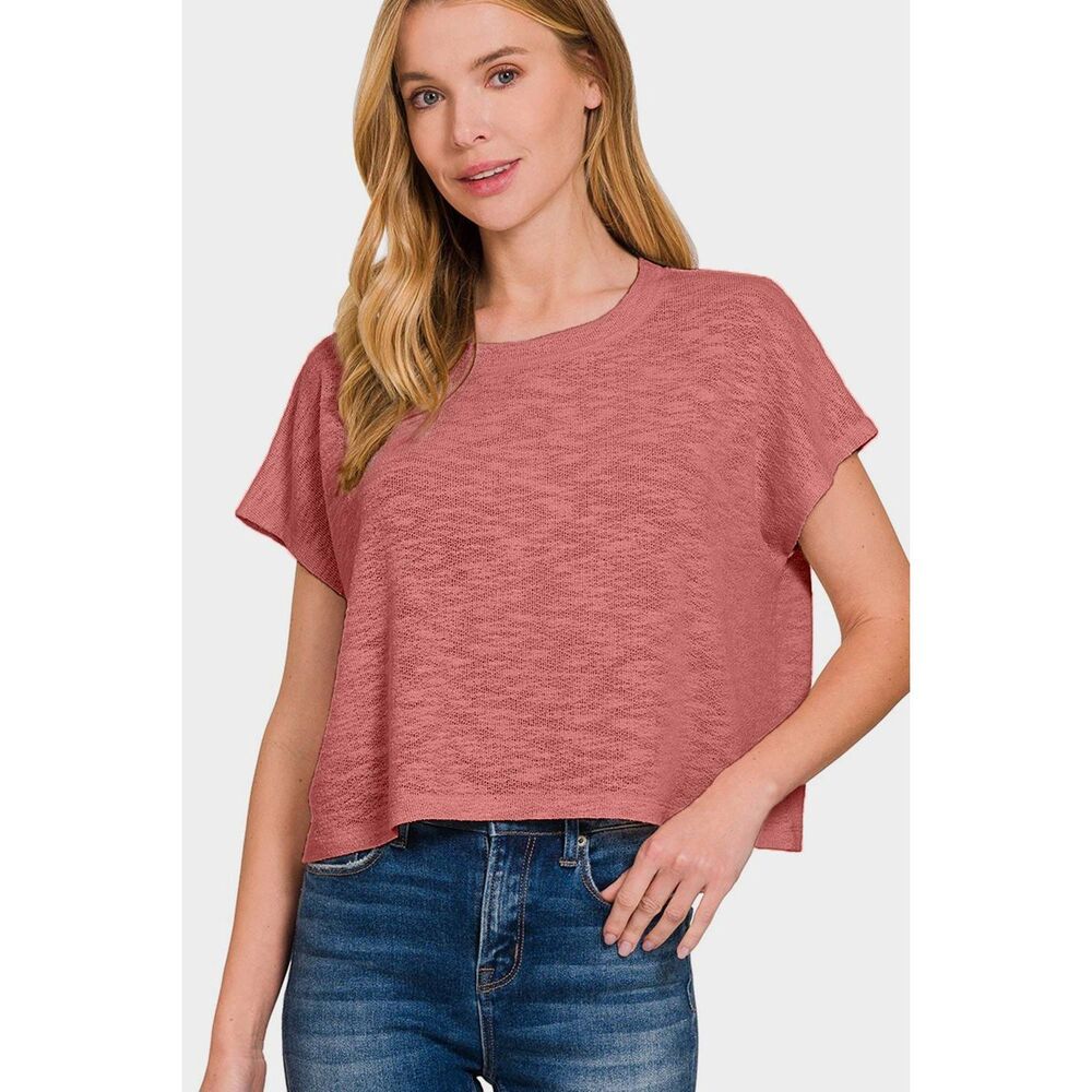 Zenana Casual Boxy Tee  in Coral Short Sleeve Crop T-Shirt sz M